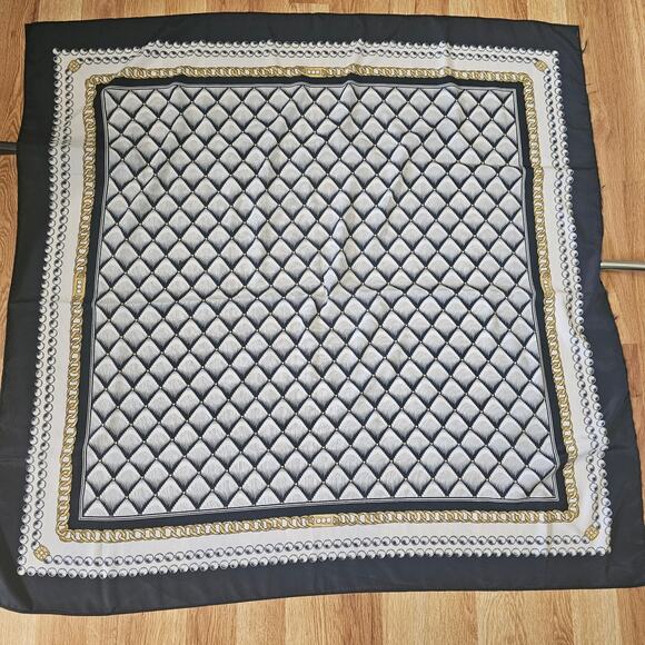 Vtg Chanel-insp Chain Pearl Print Scarf Navy Gold Geometric Square Satin Scarf - Picture 1 of 3